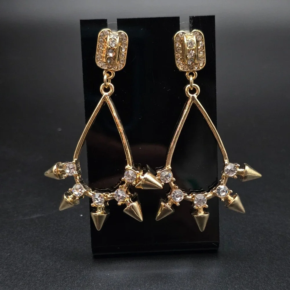Gold Tone Rhinestone Studded Spike Hoop Earrings Pierced Edgy Punk